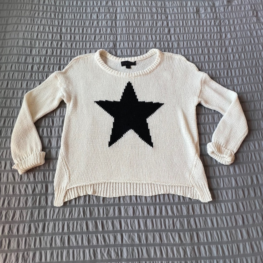 Vintage Havana Black Star Intarsia Knit Sweater White Crew Neck High Low Hem M - Picture 1 of 7